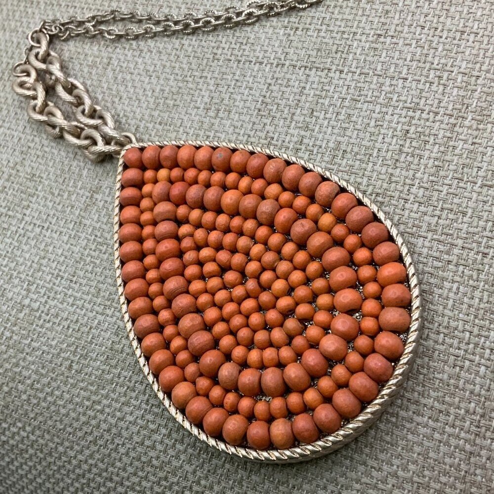 Plunder Faux Coral Beaded Tear Drop Gold Tone Pendant Necklace